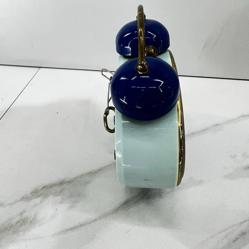 Vtg Bradley West Germany Twin Bell Alarm Clock Blue Brass Wind Up Retro MCM 9.5